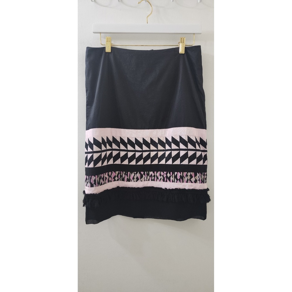 Carlisle Black Pink Geometric Fringe Trim Pencil Skirt Size 6 Cotton Silk Blend